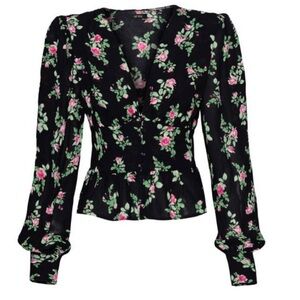 AFRM Blouse Black Floral Long Sleeve Peplum Ruffle Plunge Deep V‎ Bustier M Rose